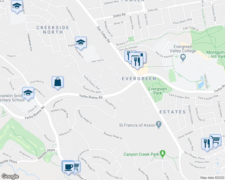 map of restaurants, bars, coffee shops, grocery stores, and more near 2682 Yerba Cliff Court in San Jose