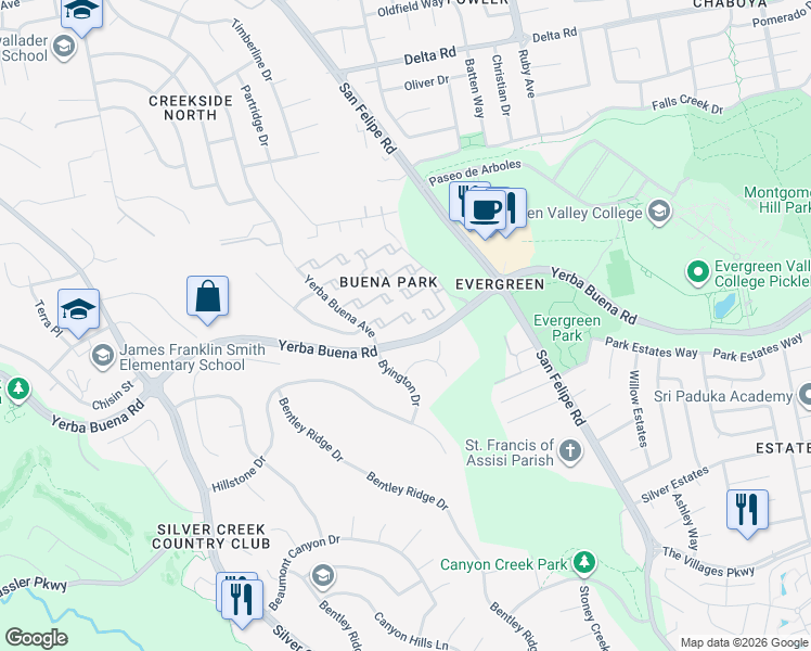 map of restaurants, bars, coffee shops, grocery stores, and more near 2682 Yerba Cliff Court in San Jose