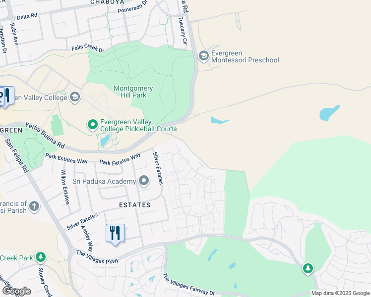 map of restaurants, bars, coffee shops, grocery stores, and more near 5286 Cribari Dale in San Jose