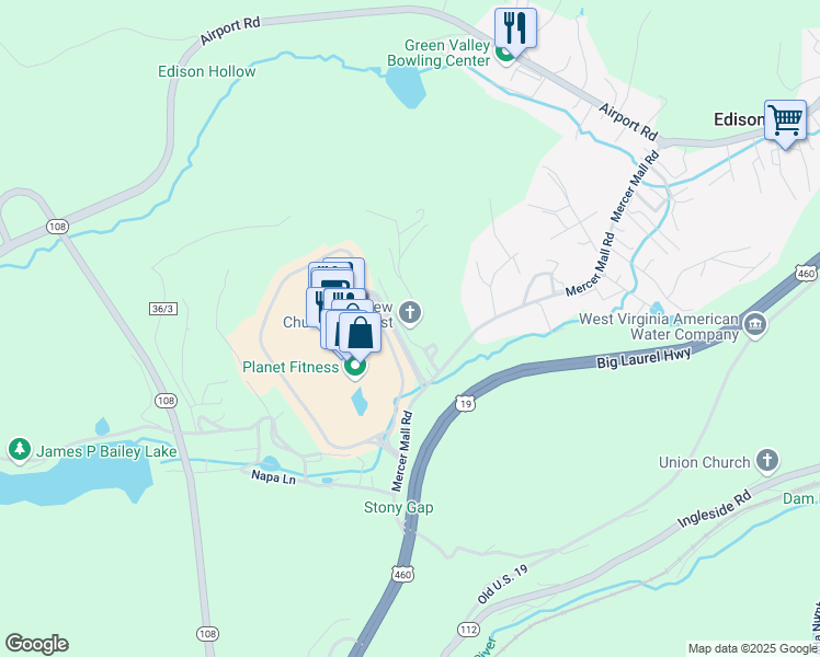 map of restaurants, bars, coffee shops, grocery stores, and more near 194 Robins Rest Road in Bluefield