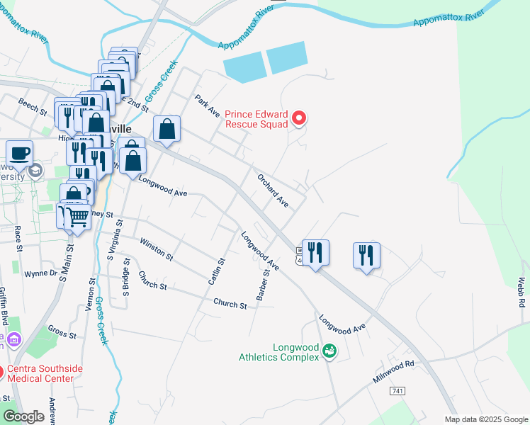 map of restaurants, bars, coffee shops, grocery stores, and more near 214 A Street in Farmville