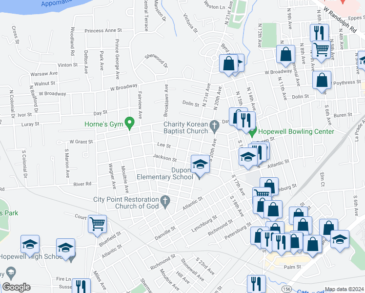 map of restaurants, bars, coffee shops, grocery stores, and more near 2209 Lee Street in Hopewell
