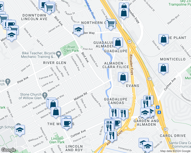 map of restaurants, bars, coffee shops, grocery stores, and more near 1983 Bird Avenue in San Jose