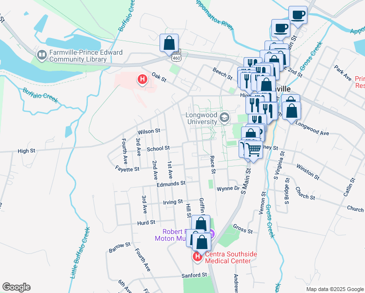 map of restaurants, bars, coffee shops, grocery stores, and more near 301 Hill Street in Farmville