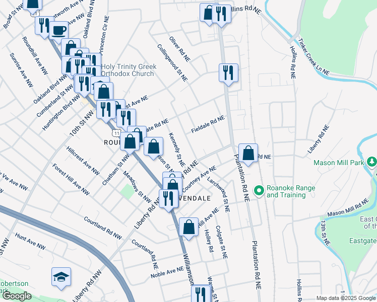 map of restaurants, bars, coffee shops, grocery stores, and more near 2702 Mansfield Street Northeast in Roanoke