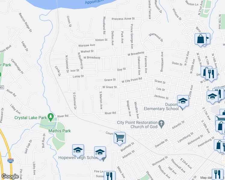 map of restaurants, bars, coffee shops, grocery stores, and more near 3040 Westmoreland Court in Hopewell