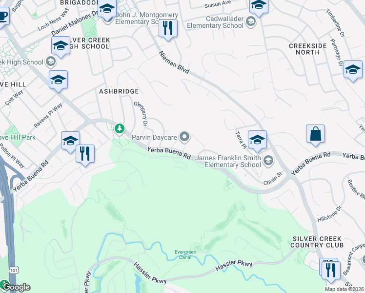 map of restaurants, bars, coffee shops, grocery stores, and more near 2105 Chisin Court in San Jose