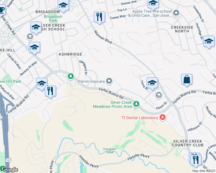 map of restaurants, bars, coffee shops, grocery stores, and more near 3939 Baronet Court in San Jose