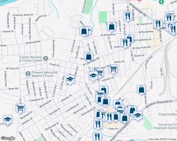 map of restaurants, bars, coffee shops, grocery stores, and more near 203 South 17th Avenue in Hopewell
