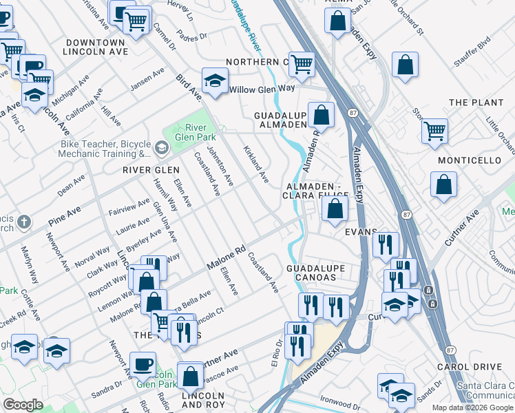 map of restaurants, bars, coffee shops, grocery stores, and more near 1973 Bird Avenue in San Jose