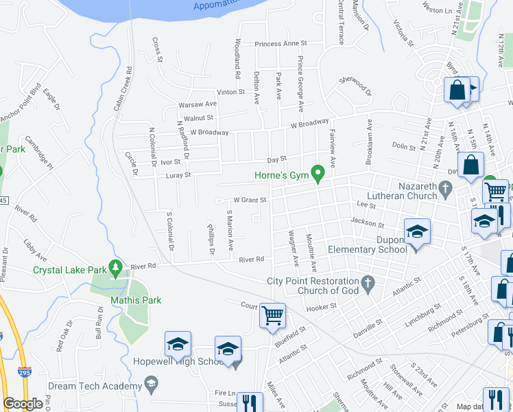 map of restaurants, bars, coffee shops, grocery stores, and more near 3038 Westmoreland Court in Hopewell