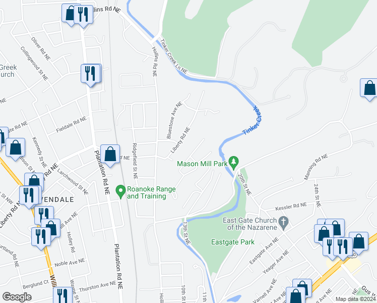 map of restaurants, bars, coffee shops, grocery stores, and more near 2610 Radford Road Northeast in Roanoke
