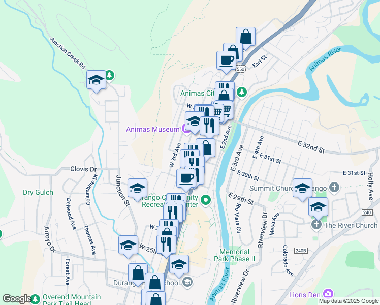 map of restaurants, bars, coffee shops, grocery stores, and more near 2977 Main Avenue in Durango