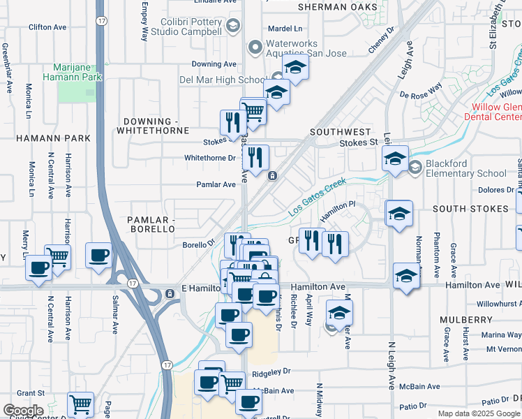 map of restaurants, bars, coffee shops, grocery stores, and more near 2140 Southwest Expressway in San Jose