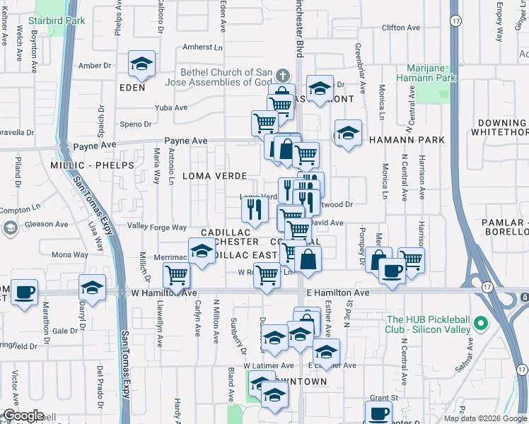 map of restaurants, bars, coffee shops, grocery stores, and more near 3148 Williamsburg Drive in San Jose