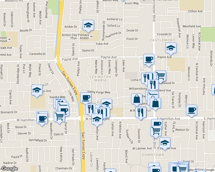 map of restaurants, bars, coffee shops, grocery stores, and more near 3391 Valley Forge Way in San Jose