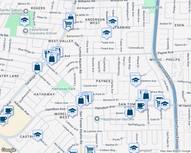 map of restaurants, bars, coffee shops, grocery stores, and more near 4088 Moreland Way in San Jose