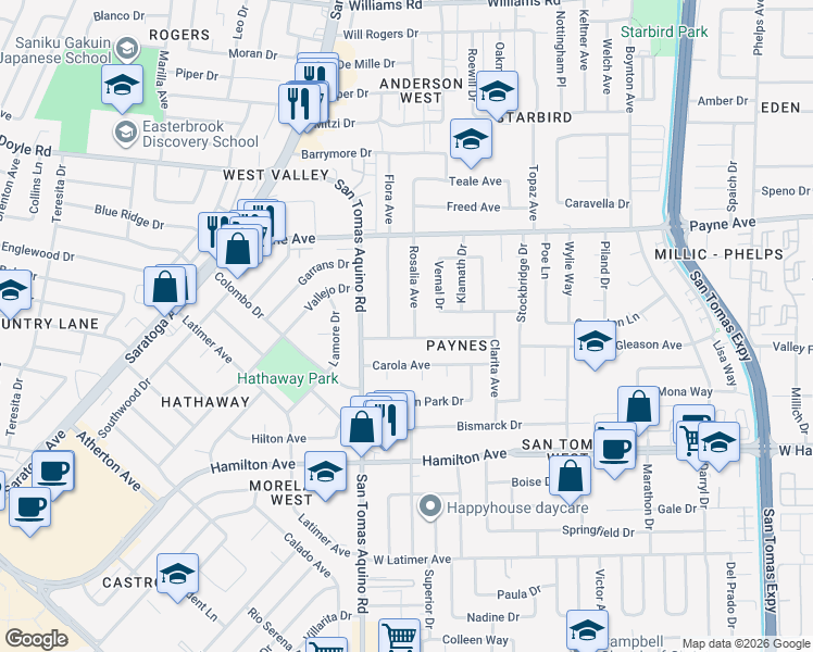 map of restaurants, bars, coffee shops, grocery stores, and more near 4156 Moreland Way in San Jose
