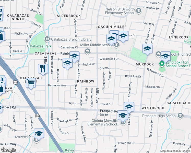 map of restaurants, bars, coffee shops, grocery stores, and more near 6342 Wisteria Way in San Jose