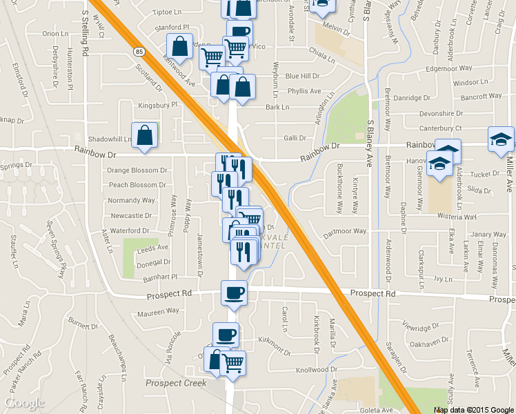 map of restaurants, bars, coffee shops, grocery stores, and more near 1476 Sharon Manor Court in San Jose