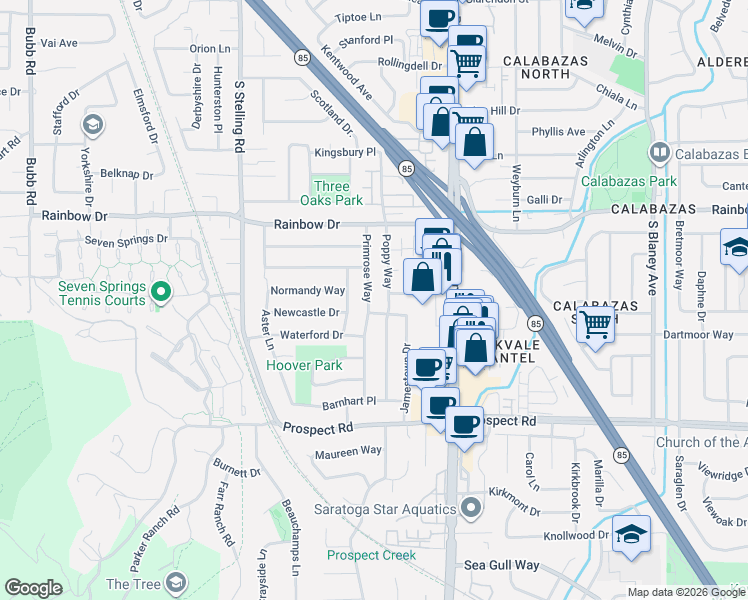 map of restaurants, bars, coffee shops, grocery stores, and more near 1451 Poppy Way in Cupertino