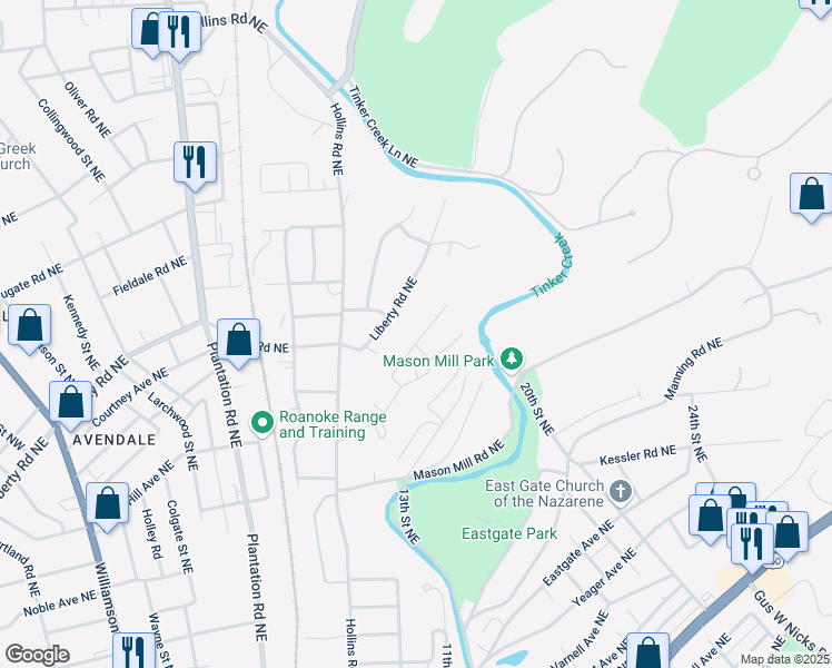 map of restaurants, bars, coffee shops, grocery stores, and more near 2610 Radford Road Northeast in Roanoke