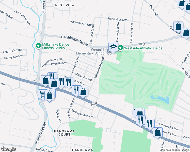 map of restaurants, bars, coffee shops, grocery stores, and more near 1227 Westside Boulevard Northwest in Roanoke