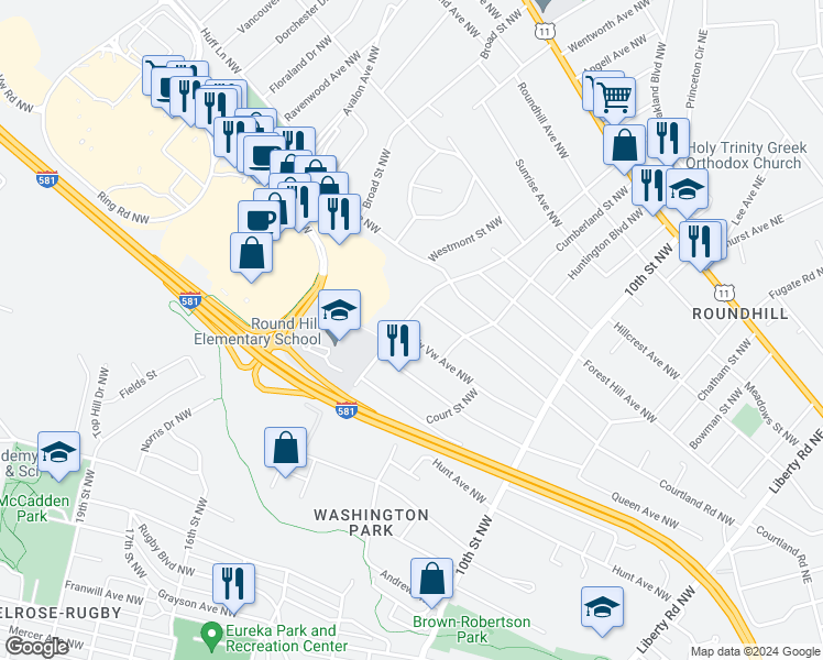 map of restaurants, bars, coffee shops, grocery stores, and more near 3535 Valley View Avenue Northwest in Roanoke