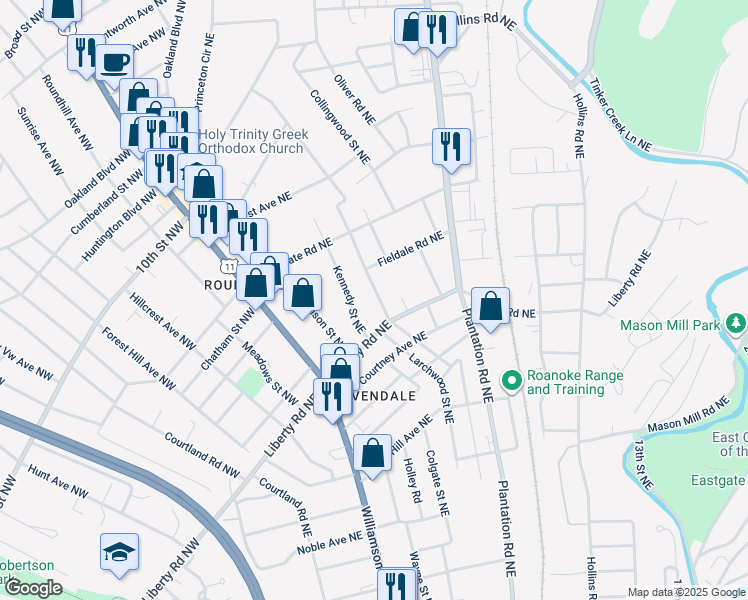 map of restaurants, bars, coffee shops, grocery stores, and more near 2702 Mansfield Street Northeast in Roanoke