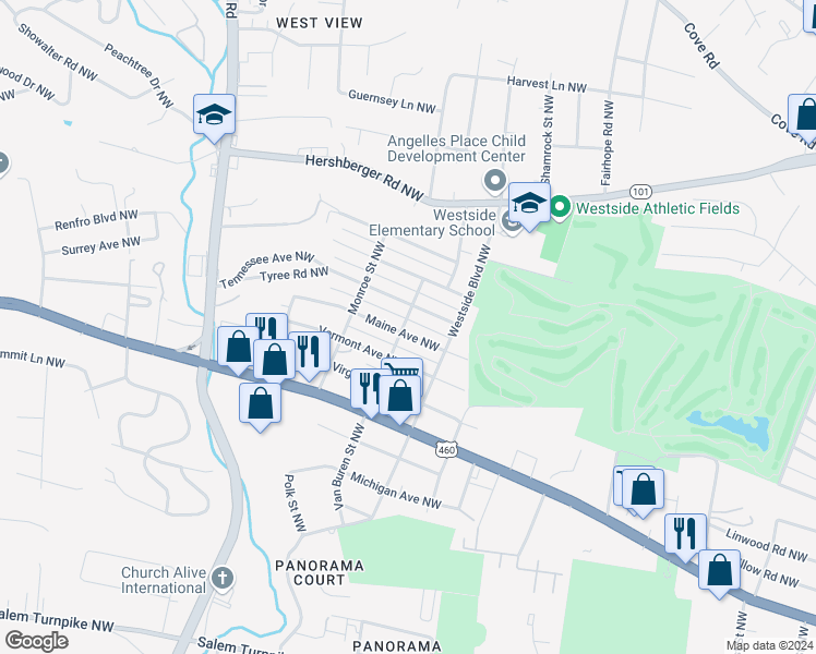 map of restaurants, bars, coffee shops, grocery stores, and more near 3937 Maine Avenue Northwest in Roanoke