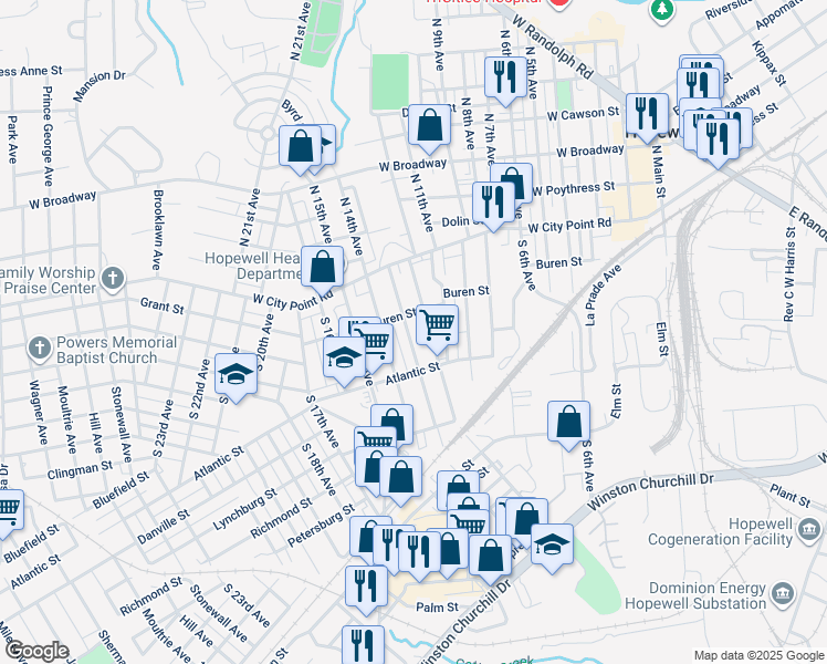 map of restaurants, bars, coffee shops, grocery stores, and more near 213 South 13th Avenue in Hopewell