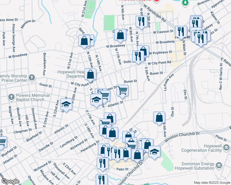 map of restaurants, bars, coffee shops, grocery stores, and more near 213 South 13th Avenue in Hopewell