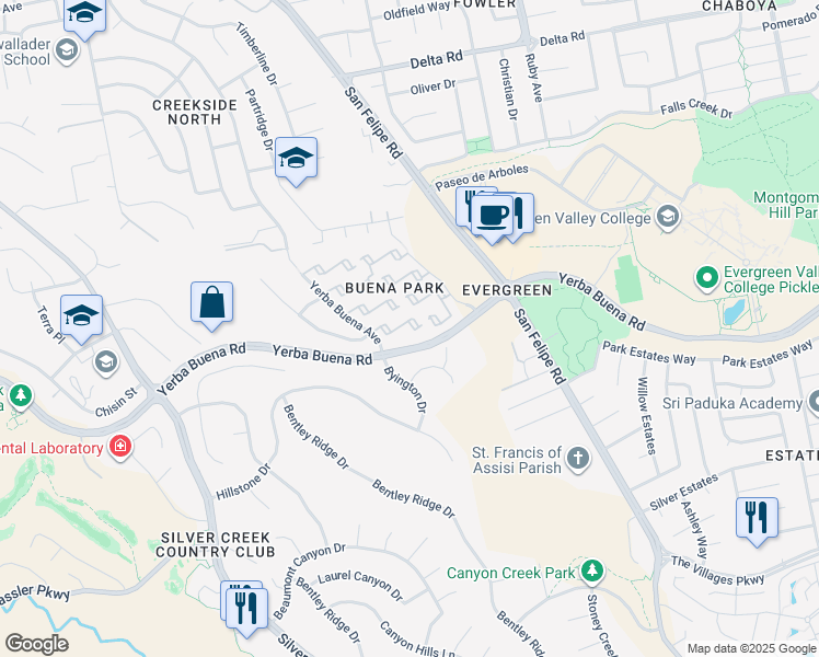 map of restaurants, bars, coffee shops, grocery stores, and more near 2680 Yerba Cliff Court in San Jose