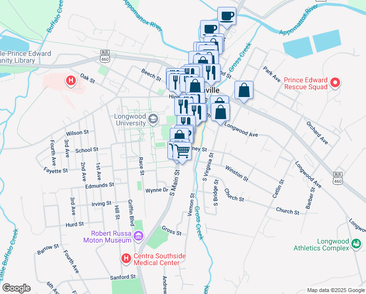 map of restaurants, bars, coffee shops, grocery stores, and more near 123 Putney Street in Farmville