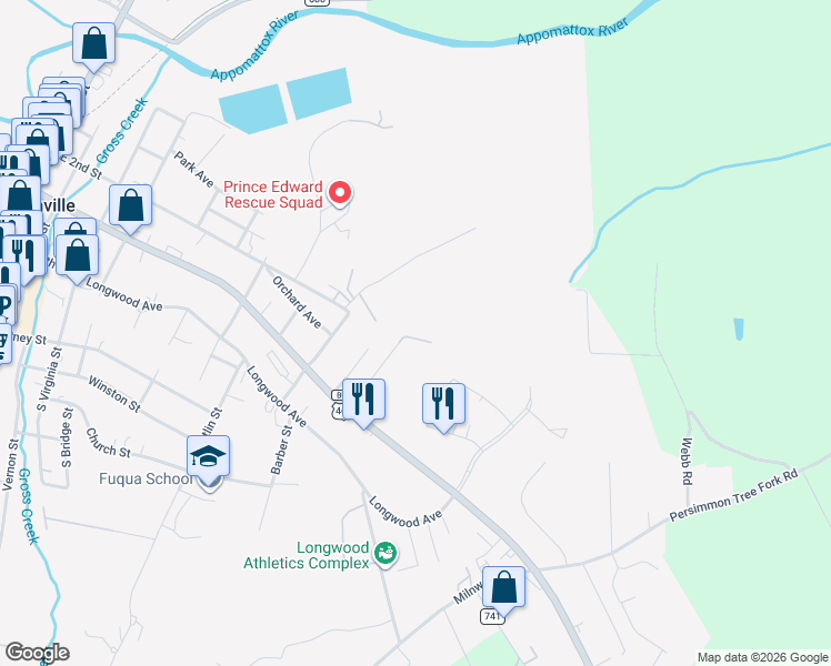 map of restaurants, bars, coffee shops, grocery stores, and more near 508 Hylawn Avenue in Farmville