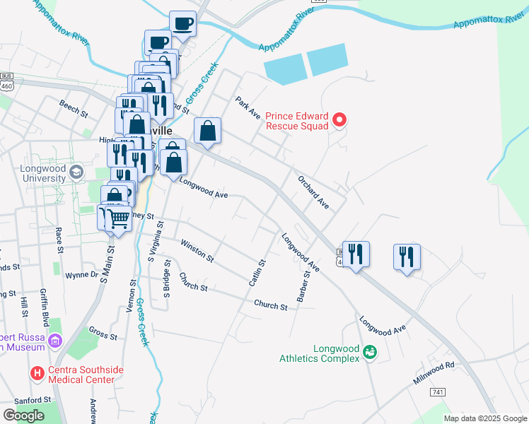 map of restaurants, bars, coffee shops, grocery stores, and more near 201-299 Laurel Street in Farmville