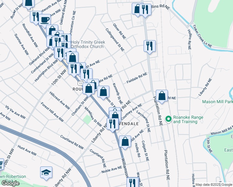 map of restaurants, bars, coffee shops, grocery stores, and more near 2724 Kennedy Street Northeast in Roanoke