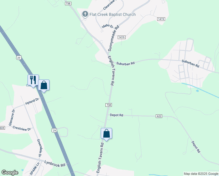 map of restaurants, bars, coffee shops, grocery stores, and more near 1006 English Tavern Road in Rustburg
