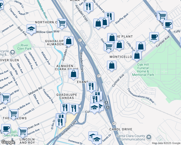 map of restaurants, bars, coffee shops, grocery stores, and more near 1850 Evans Lane in San Jose