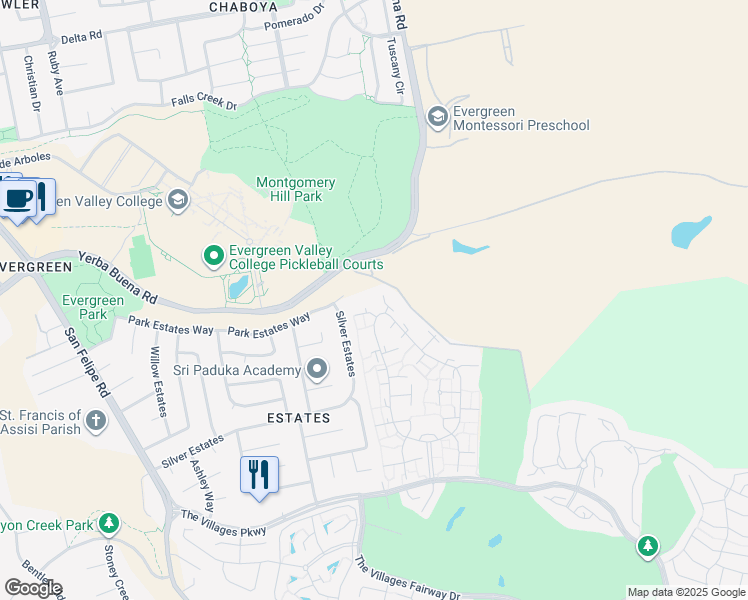 map of restaurants, bars, coffee shops, grocery stores, and more near 5282 Cribari Corner in San Jose