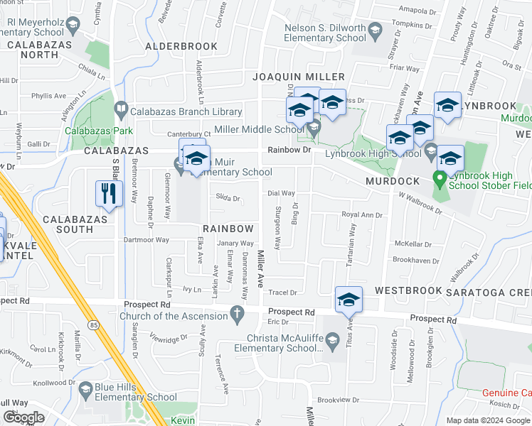 map of restaurants, bars, coffee shops, grocery stores, and more near 1408 Miller Avenue in San Jose