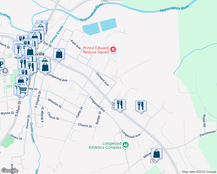 map of restaurants, bars, coffee shops, grocery stores, and more near 801 Orchard Street in Farmville