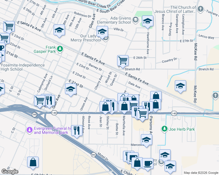 map of restaurants, bars, coffee shops, grocery stores, and more near 1301 East 22nd Street in Merced