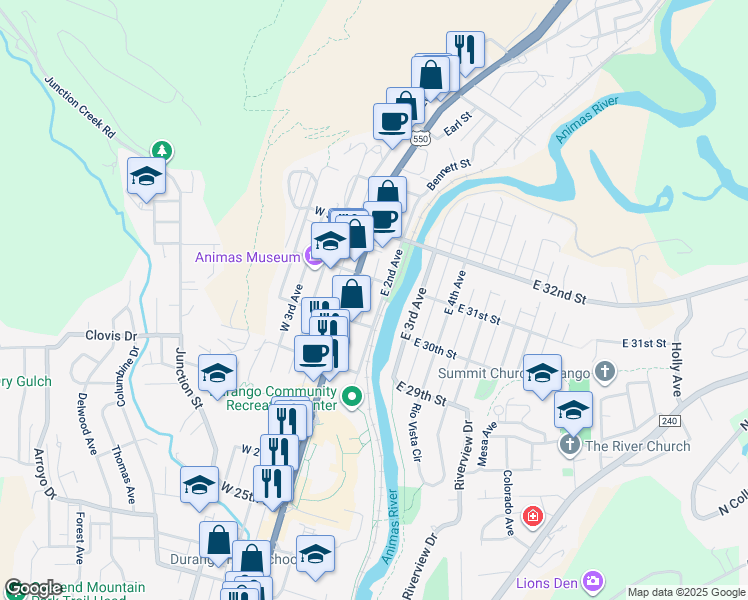 map of restaurants, bars, coffee shops, grocery stores, and more near 3001 East 2nd Avenue in Durango