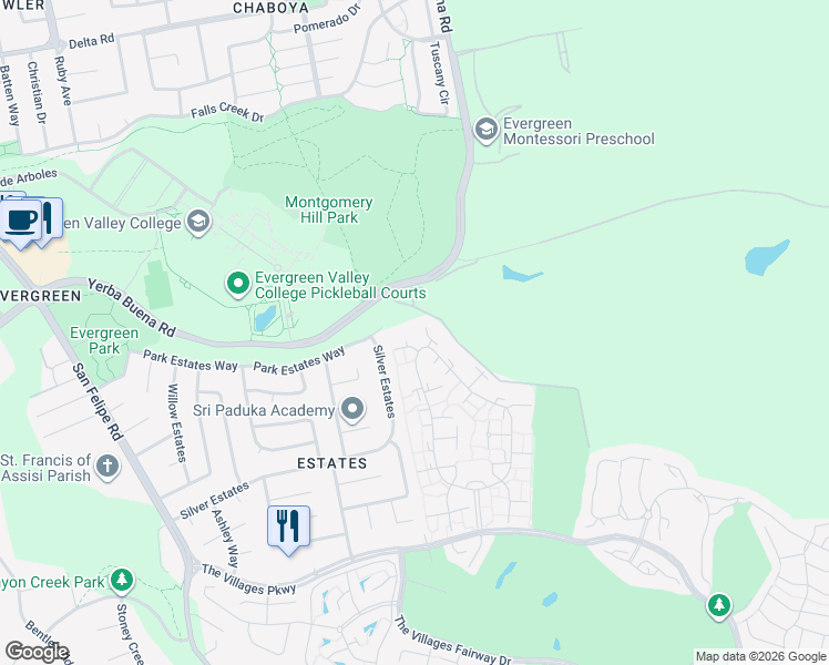 map of restaurants, bars, coffee shops, grocery stores, and more near 5282 Cribari Corner in San Jose