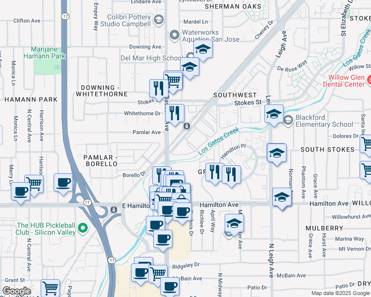 map of restaurants, bars, coffee shops, grocery stores, and more near 2140 Southwest Expressway in San Jose