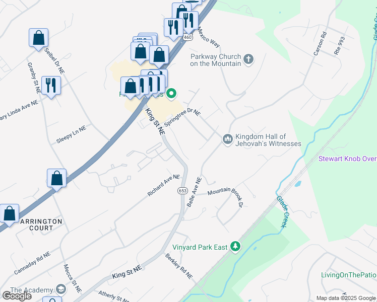 map of restaurants, bars, coffee shops, grocery stores, and more near 3334 King Street Northeast in Roanoke