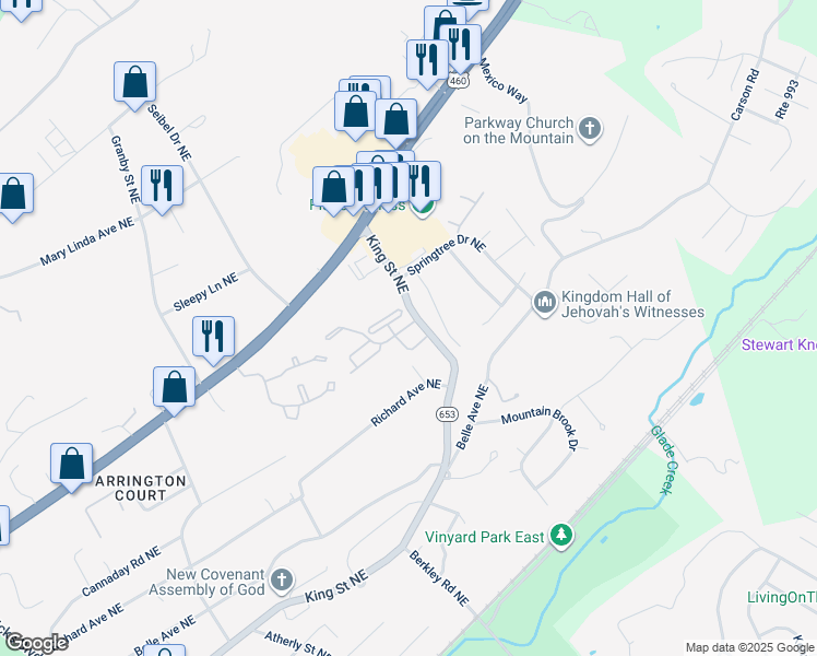 map of restaurants, bars, coffee shops, grocery stores, and more near 913 Bratton Lawn Drive Northeast in Roanoke