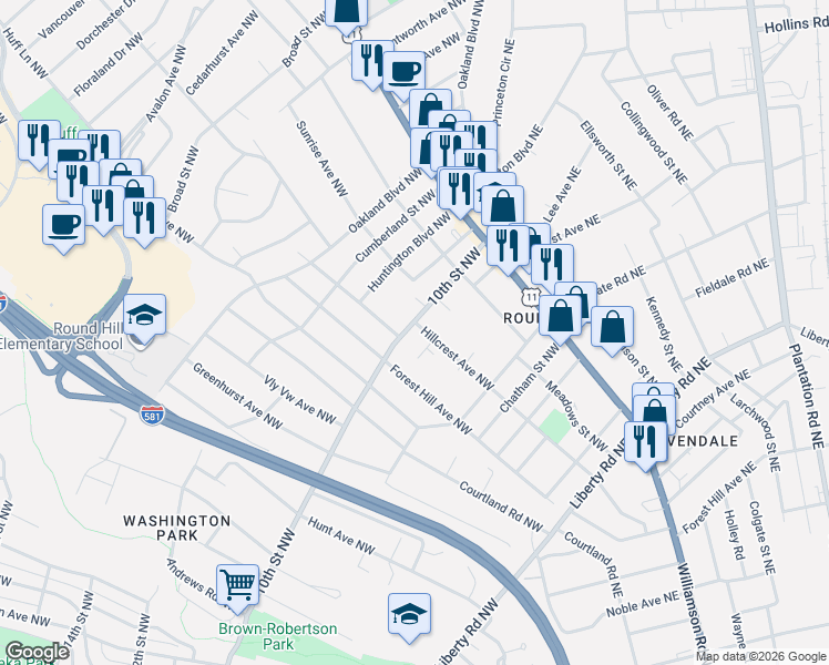 map of restaurants, bars, coffee shops, grocery stores, and more near 2515 10th Street Northwest in Roanoke