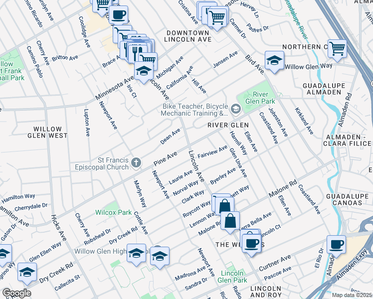 map of restaurants, bars, coffee shops, grocery stores, and more near 1102 Fairview Avenue in San Jose